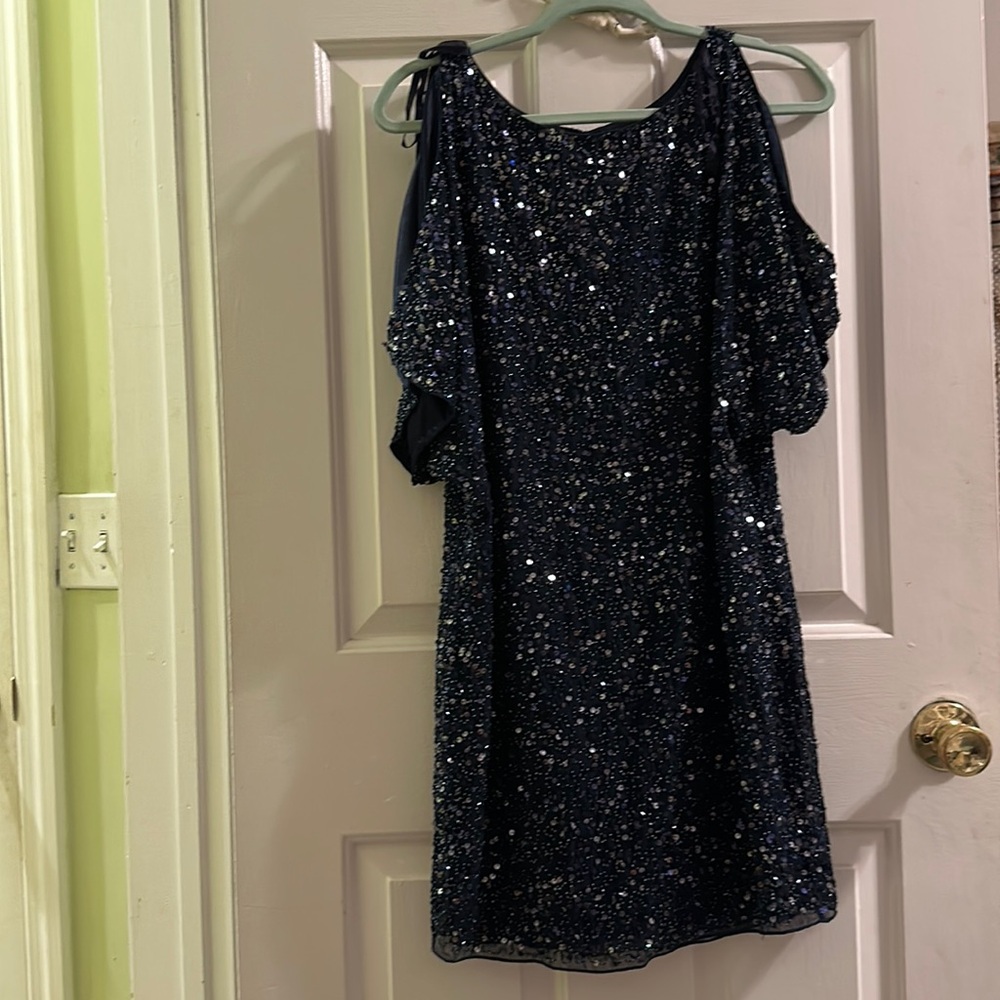 Sequin wedding guest navy short sleeved midi dress